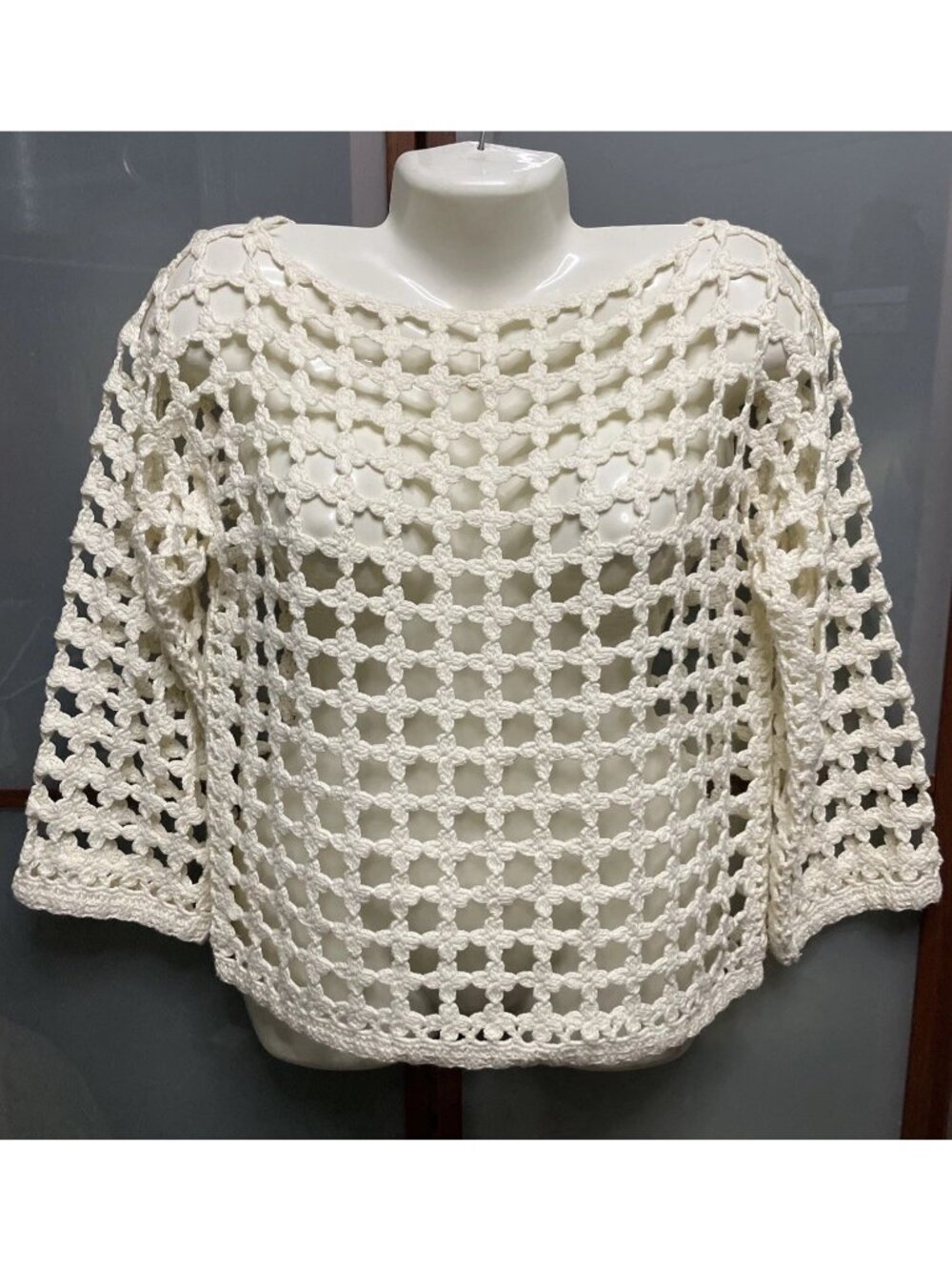 CACHE Vintage Y2K Large Crotchet Mesh Top Tunic Ivory Boho Cottage Coastal Fairy
